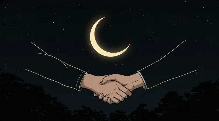신뢰와 연결을 상징하는 달 아래 악수 이미지 - 대구의밤 서비스 중개 플랫폼